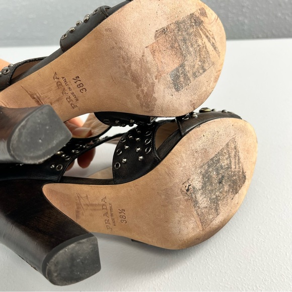 Prada Leather Studded Strappy Chocolate Block Heel Sandal Size 38.5 (US 8) - Picture 6 of 12
